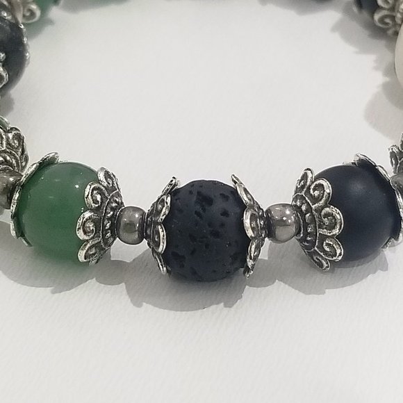 Feel Good™ - 8” Elastic Essential Oil Bracelet - Green Jade-Lava Rock-Matte Onyx - Picture 3 of 8
